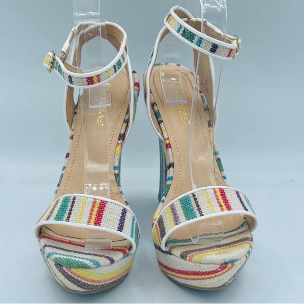 EUC Shoe Dazzle Retro Striped Platform Wedge Sandals - Picture 9 of 13